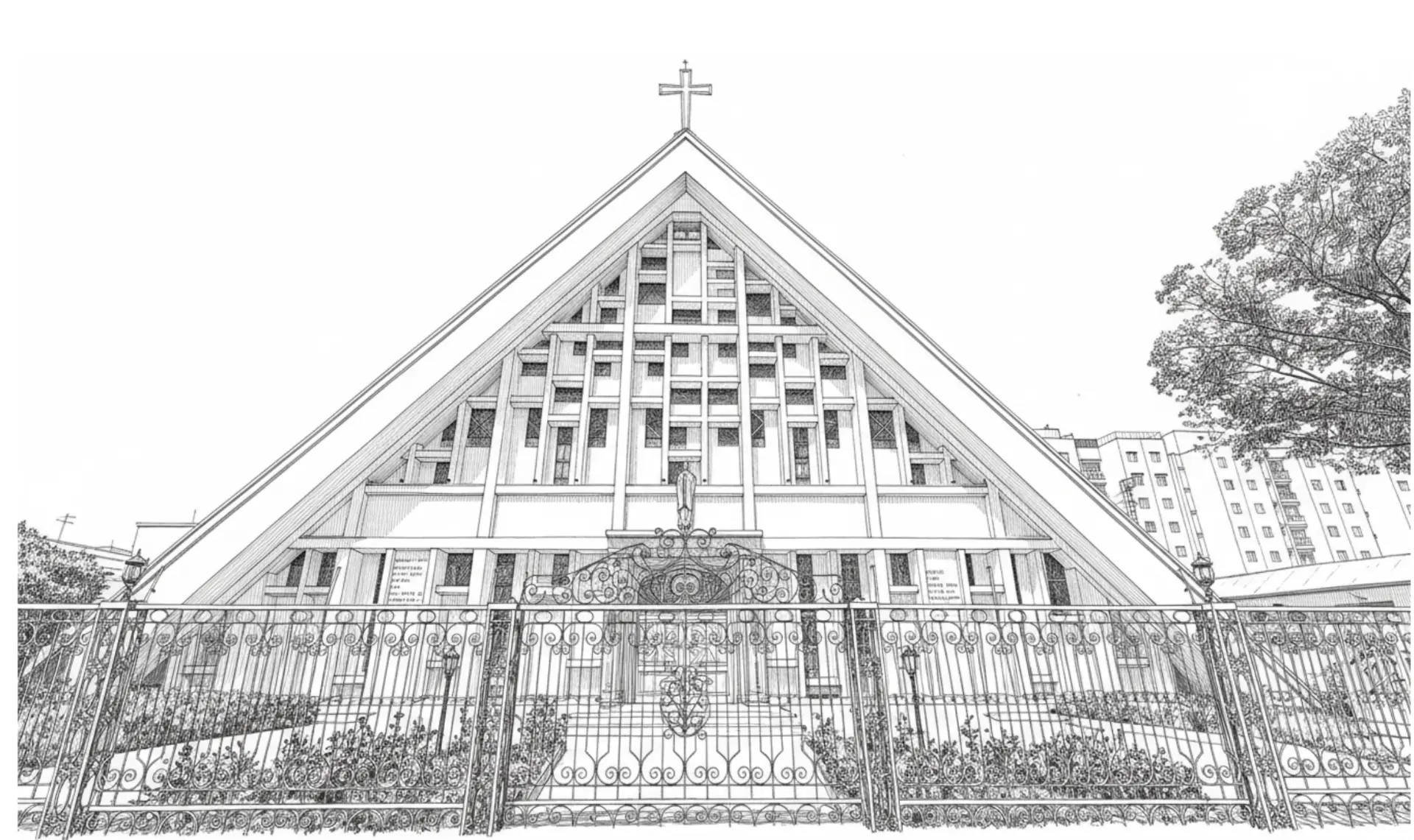 Ilustração em traço da fachada da paróquia